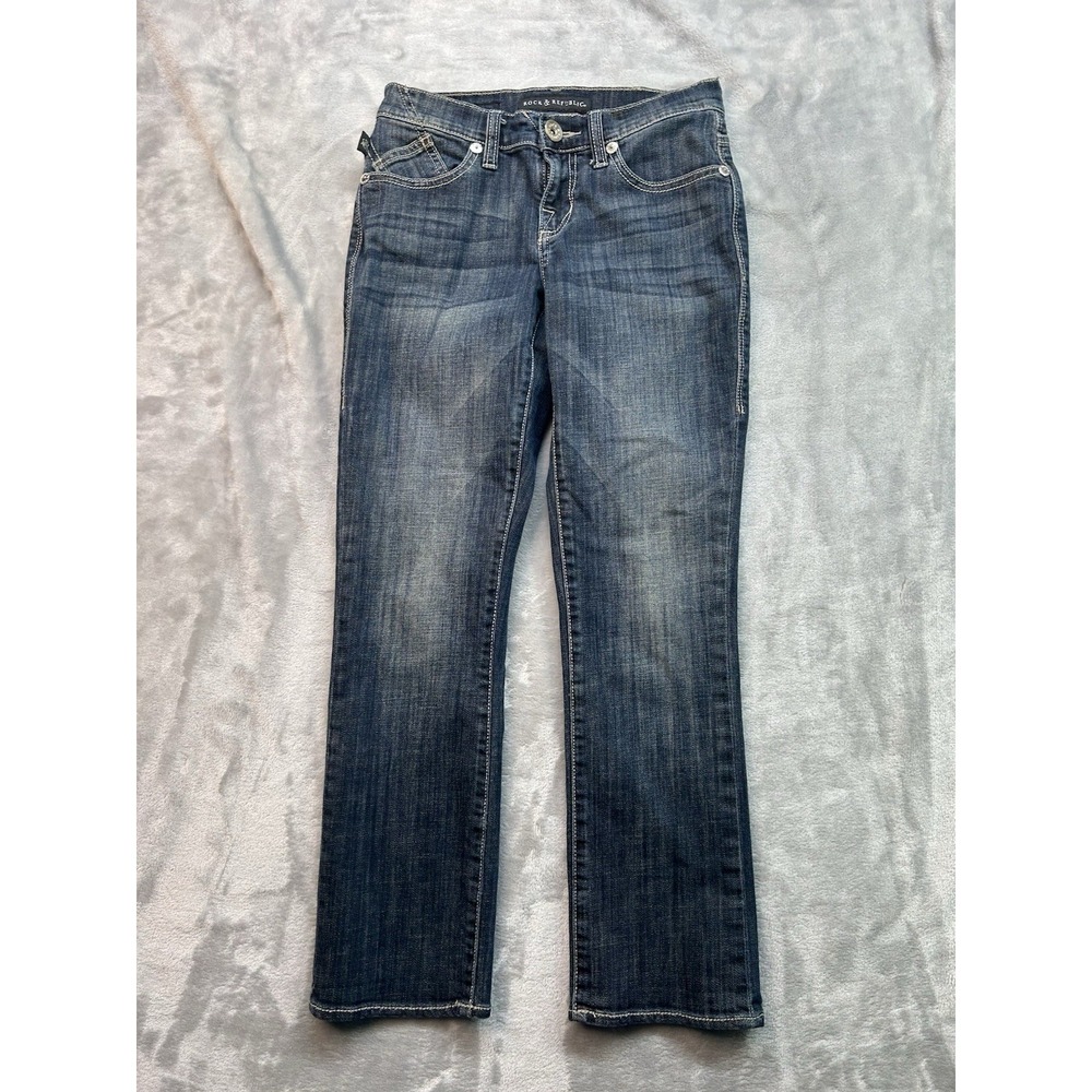Rock & Republic Womens Size 2 Kendall Straight Leg Dark Whiskered Faded Low Rise